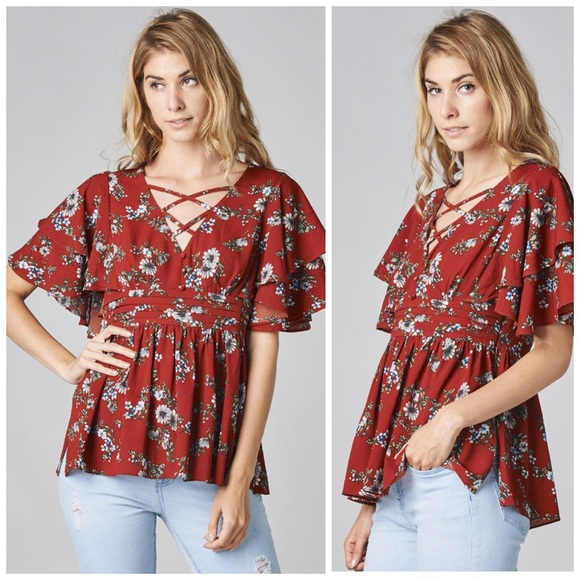 ❤️LAST 1! Rust Criss Cross Ruffle Peplum Top! - Picture 4 of 6